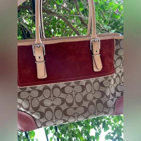 Coach, Y2K 2003 Hampton Leather, Suede, Canvas Satchel Bag, Red - Picture 11 of 17